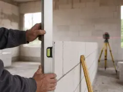 Murarz sprawdza pion murarski poziomicą. W tle widać łaty murarskie i niwelator laserowy.