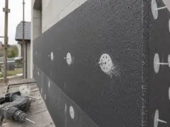 Kołkowanie styropianu na ścianie budynku. Widoczne są białe talerzyki mocujące i wkręty, a także wiertarko-wkrętarka na rusztowaniu.