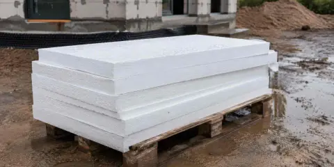 Stos białych płyt styropianowych na palecie, gotowych do układania pod wylewkę. Unikaj błędów przy izolacji fundamentów.