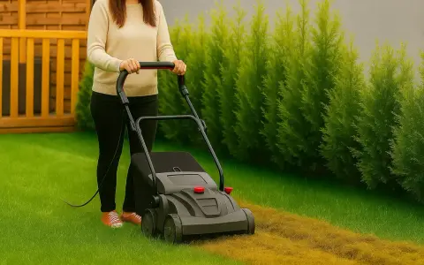 Kobieta używa rekultywatora, aby odświeżyć trawnik, usuwając starą trawę i mech.