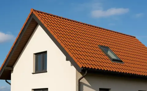 Nowy bungalow z pomarańczowym dachem i oknem dachowym, gotowy na słoneczne dni.