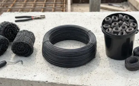 Na betonie leżą zwoje drutu, wiązałka i szczypce. Materiały do wiązania zbrojenia.