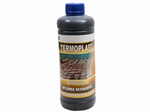 Butelka Termoplast z domieszką do wylewek betonowych z ogrzewaniem podłogowym. Ten plastyfikator poprawia właściwości betonu.