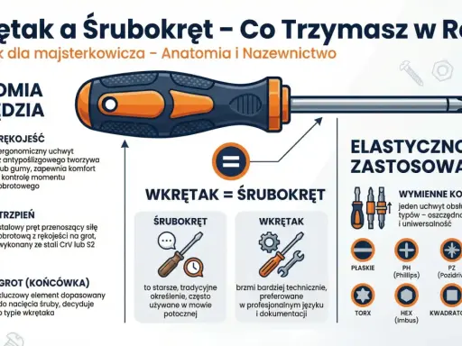Ilustracja pokazuje śrubokręt z wymiennymi końcówkami (bity), wyjaśniając różnice między "wkrętakiem" a "śrubokrętem" oraz rodzaje grotów.
