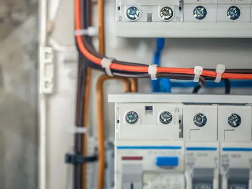 Nowoczesna instalacja elektryczna bezpuszkowa z uporządkowanymi przewodami w skrzynce rozdzielczej.