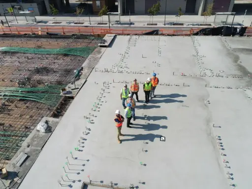 Grupa budowlańców na placu budowy, gdzie trwa wylewanie betonu. Zastanawiają się, ile kosztuje gruszka betonu, analizując postęp prac.