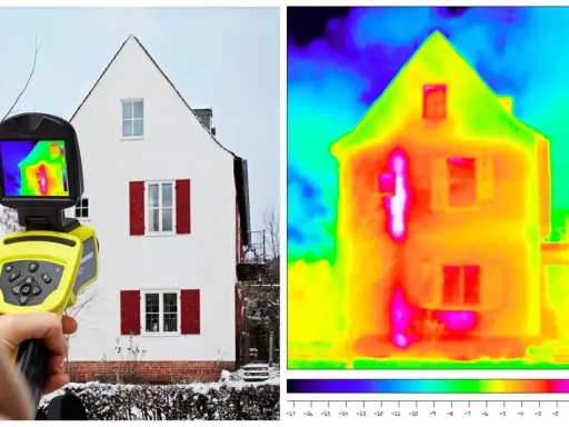 Kamera termowizyjna pokazuje dom z widocznymi ucieczkami ciepła. Jasne plamy wskazują na **mostek termiczny**, gdzie izolacja jest słabsza.