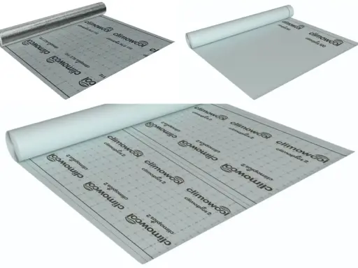 Rolki materiału budowlanego: paroizolacja z aluminium, paroizolacja biała i paroizolacja z nadrukiem.