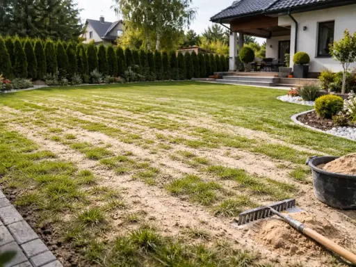 Piaskowanie trawnika w trakcie prac pielęgnacyjnych. Grabie i wiadro z piaskiem czekają na dalsze działania.