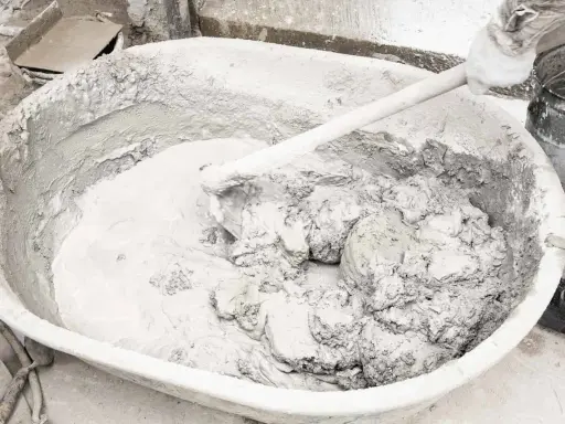 Mieszanie zaprawy z wapnem palonym w dużej misie. Ręka w rękawicy miesza gęstą, szarą masę.