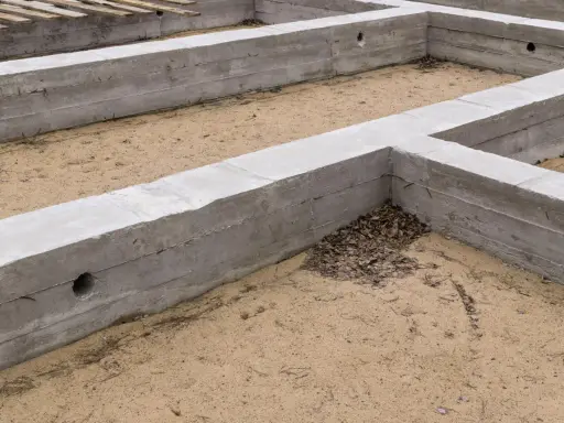 Betonowe ściany fundamentowe tworzą zarys przyszłego budynku. To dopiero stan zero, początek budowy domu.