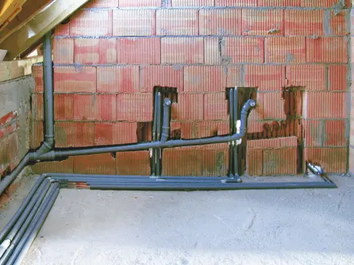 Instalacja hydrauliczna w budowie, widoczne rury i kolanka. W ścianie z czerwonej cegły przygotowane otwory na piony, planowany odpowietrzenie kanalizacji.