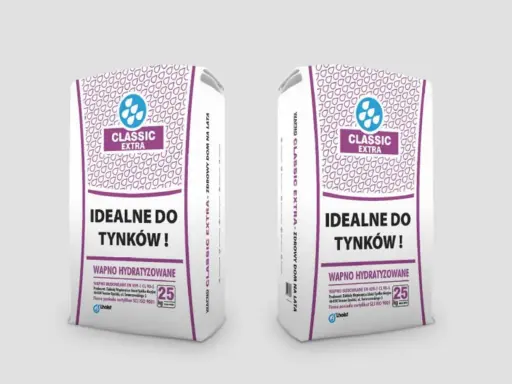 Dwie torby wapna budowlanego Classic Extra, idealne do tynków. Opakowania po 25 kg.