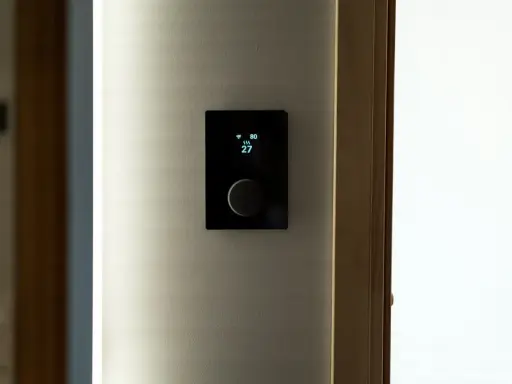 Nowoczesny termostat steruje ogrzewaniem elektrycznym, pokazując temperaturę 27 stopni.