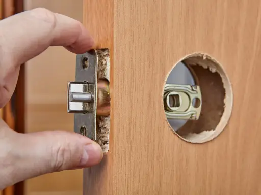 Dłoń wsuwa metalowy mechanizm zamka do wyciętego otworu w drewnianych drzwiach. Zastanawiasz się, ile kosztuje wymiana wkładki w drzwiach?