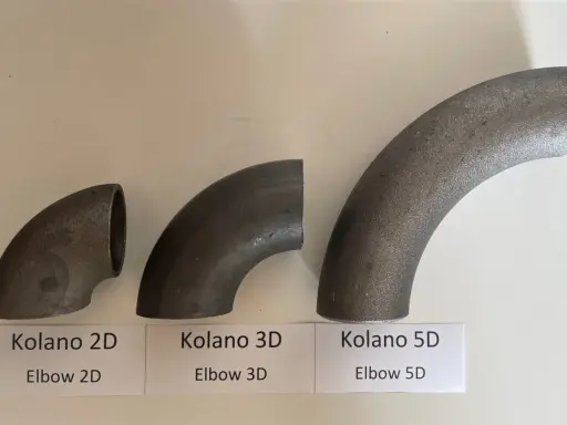Trzy kolana hamburskie o różnym promieniu gięcia: 2D, 3D i 5D, ułożone od najmniejszego do największego.