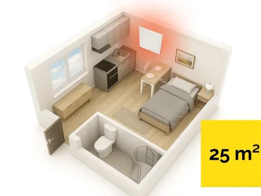 Jaki grzejnik elektryczny do pokoju 25m²? Wnętrze kawalerki z łóżkiem, aneksem kuchennym i łazienką, ogrzewane nowoczesnym panelem.