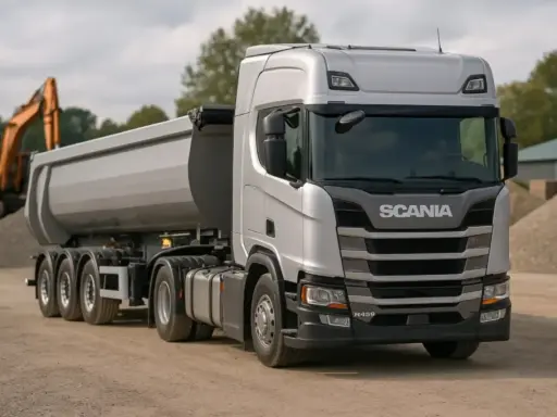Srebrna wywrotka Scania R459 z naczepą, gotowa do transportu kruszywa. Sprawdź, jaka jest tłuczeń cena za wywrotkę.