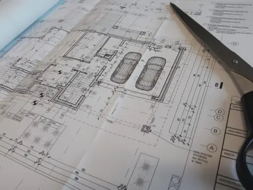 Projekt architektoniczno budowlany domu z garażem na dwa samochody. Nożyczki leżą na planie.