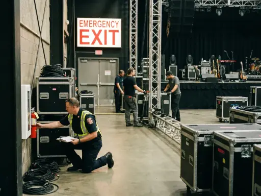 Pracownik sprawdza gaśnicę przy znaku "EMERGENCY EXIT". W tle widać scenę koncertową i sprzęt. To miejsce zbiórki do ewakuacji.