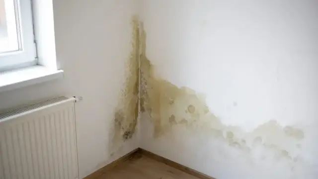 Pleśń i wilgoć na ścianie, problem po ocieplaniu od wewnątrz. Widoczny grzejnik i okno.
